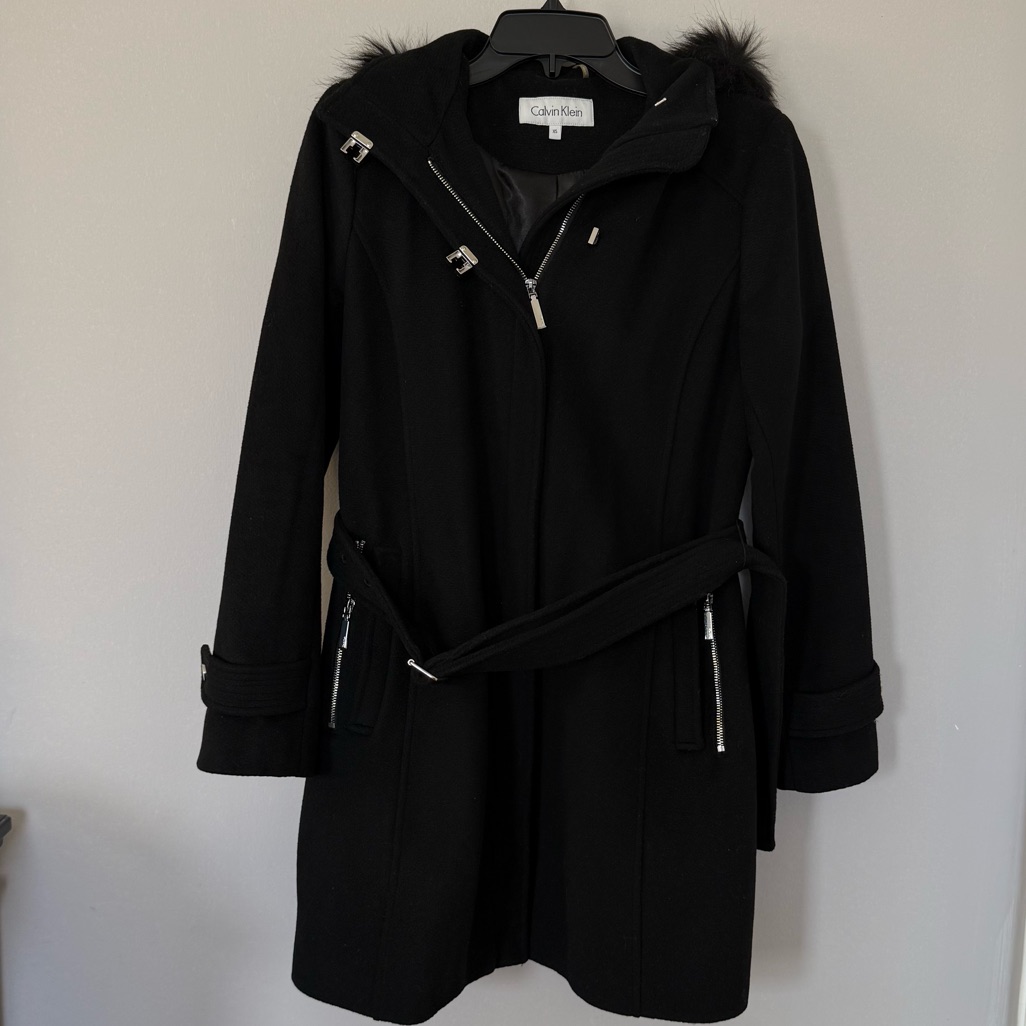 Gorgeous Calvin Klein Black Wool Trench Coat With Fur Accents Women Size Xs/S